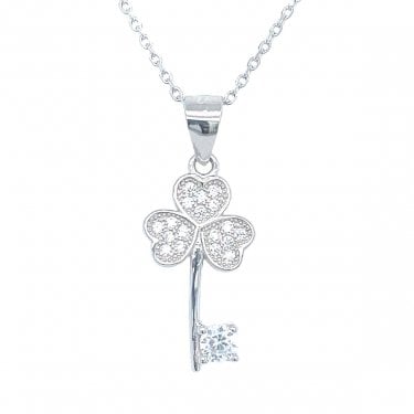 Sterling Silver Pave 3 Heart Shamrock Top Key Necklace 17x9mm, 16-18"