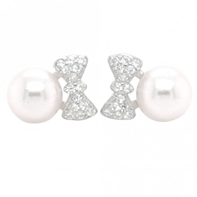 Faith Sterling Silver Sterling Silver Pave Bow with Single Pearl Drop 7x10mm Stud Earrings