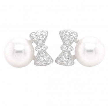 Sterling Silver Pave Bow with Single Pearl Drop 7x10mm Stud Earrings
