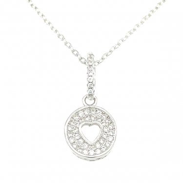Sterling Silver Pave Circle With Open Heart Centre Necklace 20x9mm, 16-18"
