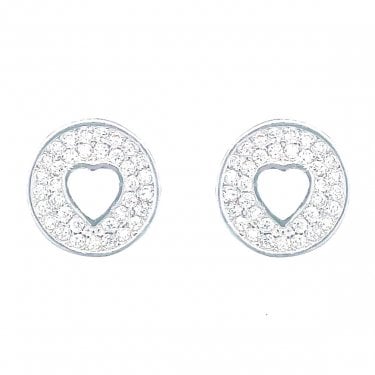 Sterling Silver Pave Circle With Open Heart Centre Stud Earrings 9x9mm