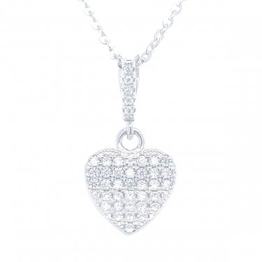 Sterling Silver Pave CZ Curved Heart Drop Bar Necklace 21x10mm, 16-18"