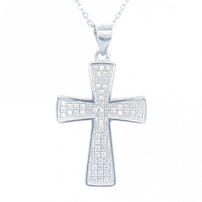 Faith Sterling Silver Sterling Silver Pave Rubover Edge Cross Necklace 29x17mm, 16-18