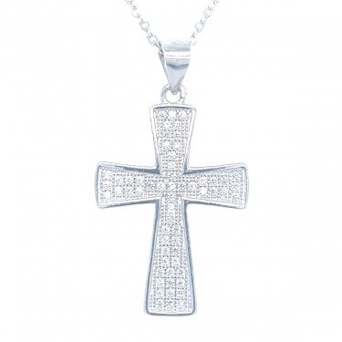 Sterling Silver Pave Rubover Edge Cross Necklace 29x17mm, 16-18"