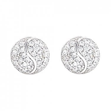 Sterling Silver Pave Set Flat Round Stud Earrings 8x8mm