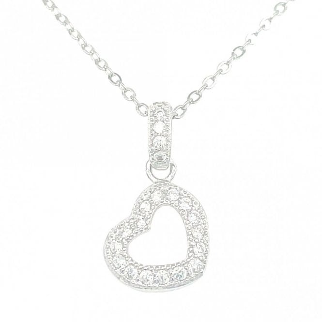 Faith Sterling Silver Sterling Silver Pave Set Hanging Heart Outline Necklace 10x10mm, 16-18