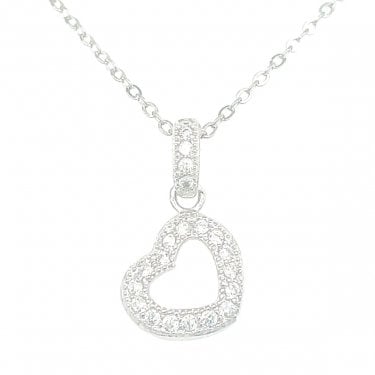Sterling Silver Pave Set Hanging Heart Outline Necklace 10x10mm, 16-18"