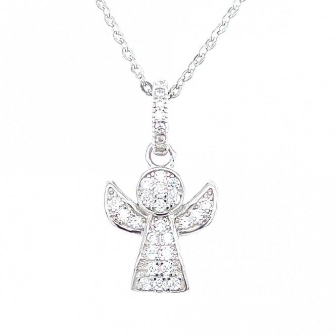 Faith Sterling Silver Sterling Silver Pave Set Rubover Angel Necklace 20x11mm, 16-18