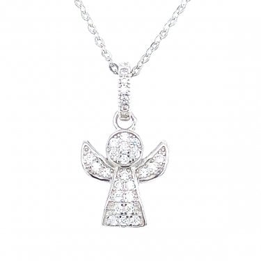 Sterling Silver Pave Set Rubover Angel Necklace 20x11mm, 16-18"