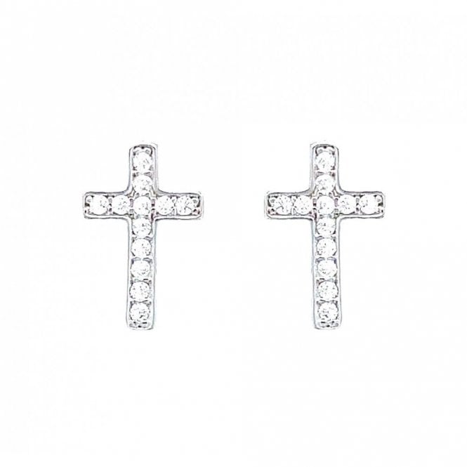 Faith Sterling Silver Sterling Silver Pave Set Rubover Cross Stud Earrings 9x6mm