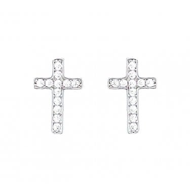 Sterling Silver Pave Set Rubover Cross Stud Earrings 9x6mm