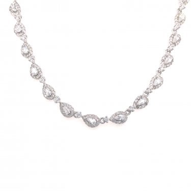 Sterling Silver Pear CZ Centre with Halo Link Necklace 40.5+4cm