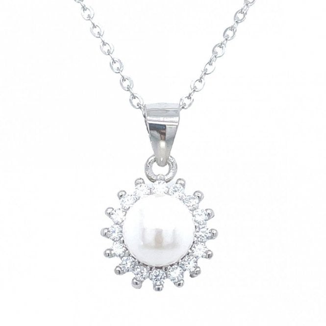 Faith Sterling Silver Sterling Silver Pearl Centre with CZ Flower Halo Necklace 10mm, 16-18