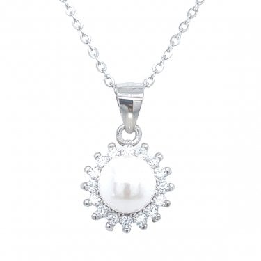 Sterling Silver Pearl Centre with CZ Flower Halo Necklace 10mm, 16-18"