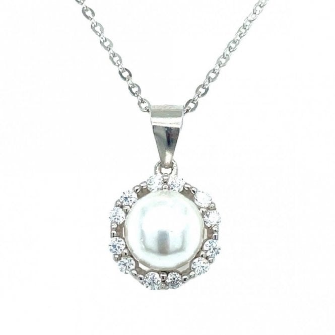 Faith Sterling Silver Sterling Silver Pearl Centre with CZ Flower Halo Necklace 11mm, 16-18