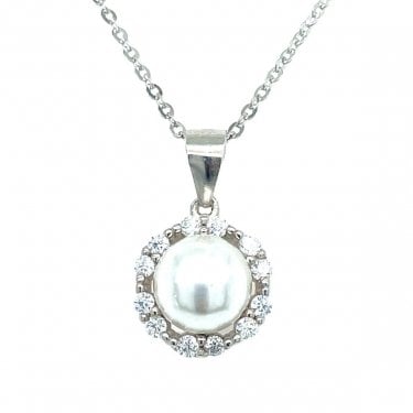 Sterling Silver Pearl Centre with CZ Flower Halo Necklace 11mm, 16-18"