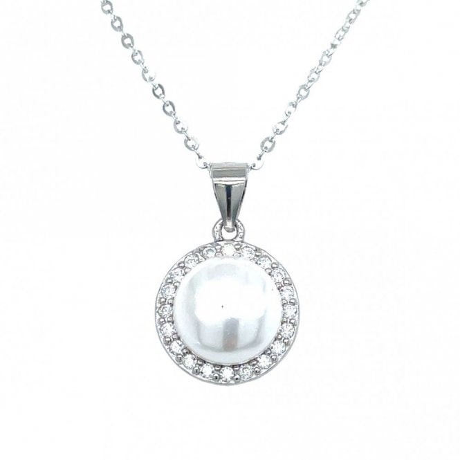 Faith Sterling Silver Sterling Silver Pearl Centre with CZ Halo Necklace 13x13mm, 16-18