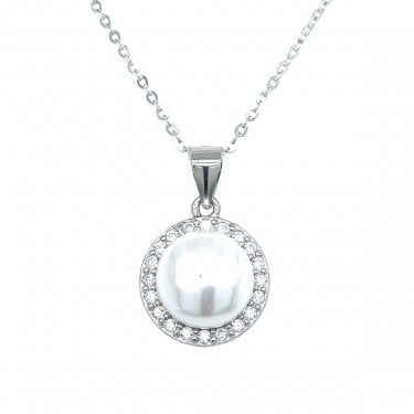 Sterling Silver Pearl Centre with CZ Halo Necklace 13x13mm, 16-18"