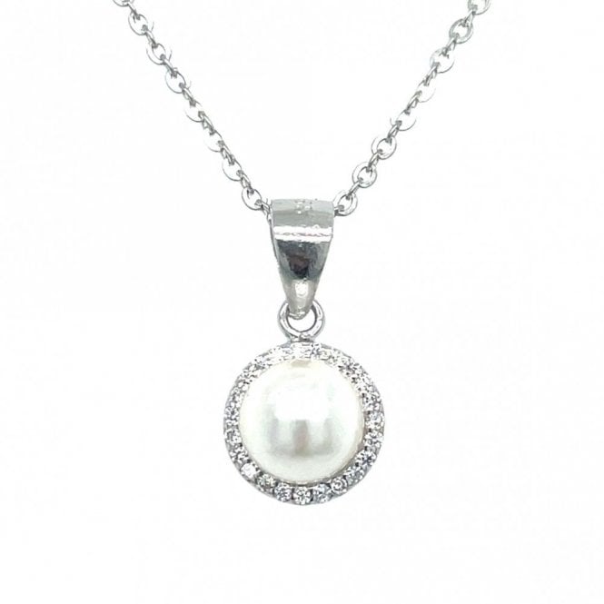 Faith Sterling Silver Sterling Silver Pearl Centre with CZ Rubover Halo Necklace 8mm, 16-18