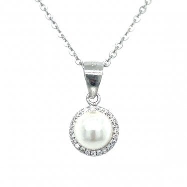 Sterling Silver Pearl Centre with CZ Rubover Halo Necklace 8mm, 16-18"