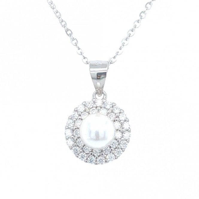 Faith Sterling Silver Sterling Silver Pearl Centre with Double CZ Halo Necklace 12mm, 16-18