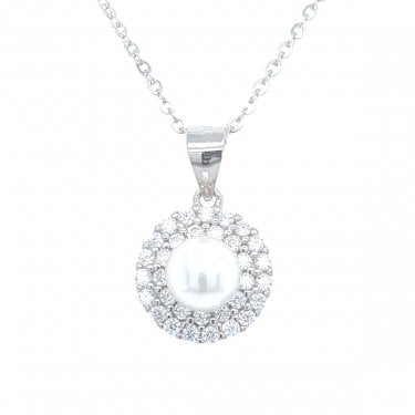 Sterling Silver Pearl Centre with Double CZ Halo Necklace 12mm, 16-18"