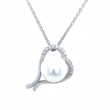 Sterling Silver Pearl Centre with Open Abstract Heart Surround Necklace 15x17mm, 16-18"