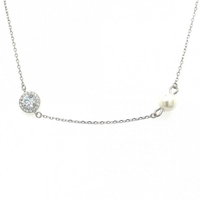 Faith Sterling Silver Sterling Silver Pearl & CZ Round Halo Fine Extendable Necklace 40cm + 3.5cm