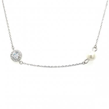 Sterling Silver Pearl & CZ Round Halo Fine Extendable Necklace 40cm + 3.5cm