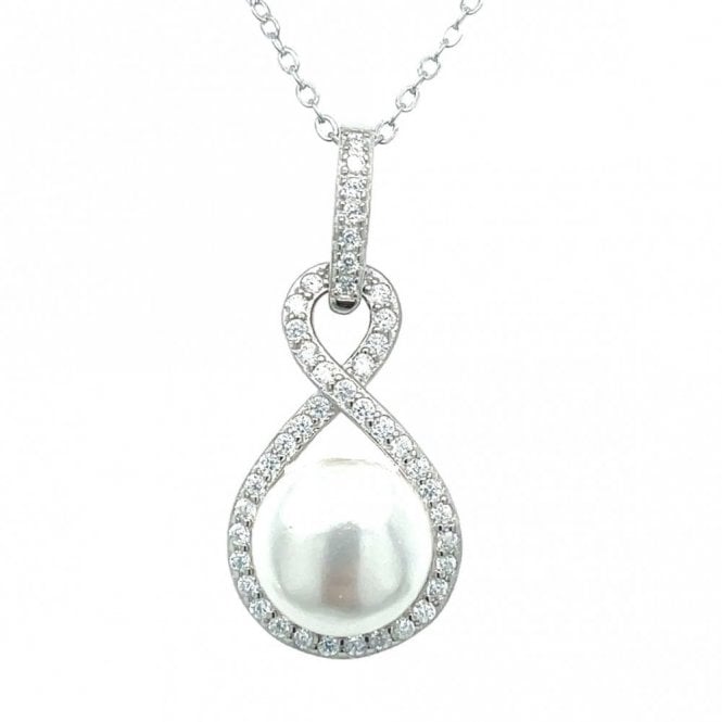 Faith Sterling Silver Sterling Silver Pearl in CZ Infinity Twist Necklace 28x13mm, 16-18