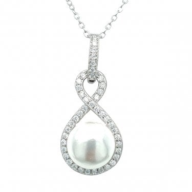 Sterling Silver Pearl in CZ Infinity Twist Necklace 28x13mm, 16-18"