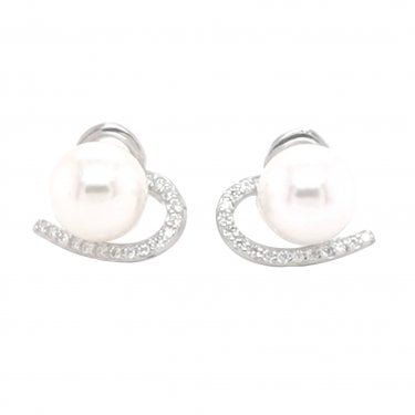 Sterling Silver Pearl in front of CZ Open Heart 11x11mm Stud Earrings