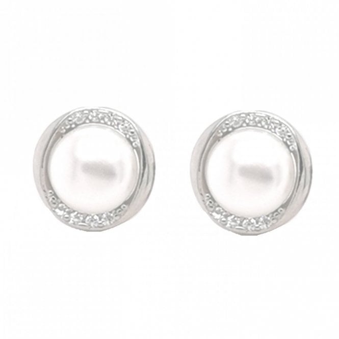 Faith Sterling Silver Sterling Silver Pearl with 4 CZ Top & Bottom in Plain Surround 9x9mm Stud Earrings
