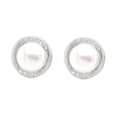 Sterling Silver Pearl with 4 CZ Top & Bottom in Plain Surround 9x9mm Stud Earrings