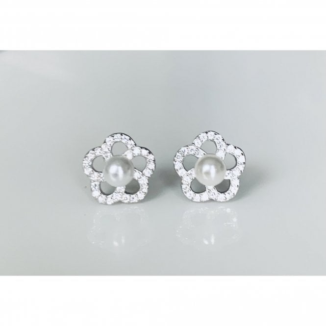 Faith Sterling Silver Sterling Silver Pearl with 5 Open CZ Petals Stud Earrings 9x9mm