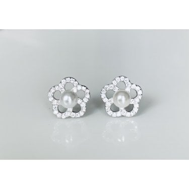 Sterling Silver Pearl with 5 Open CZ Petals Stud Earrings 9x9mm