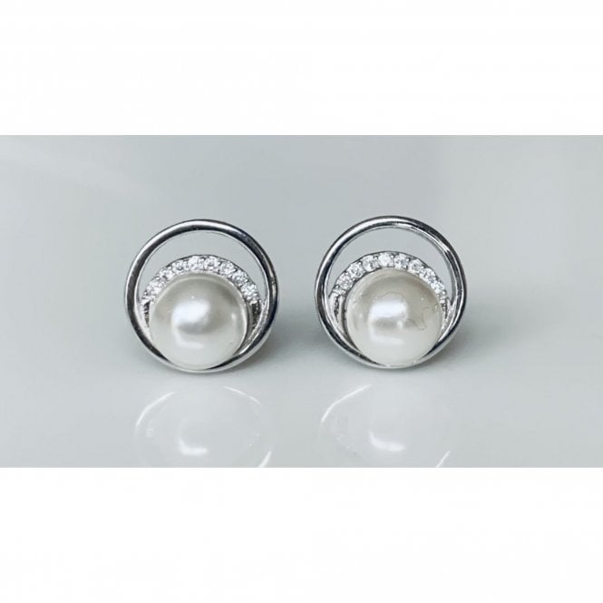 Faith Sterling Silver Sterling Silver Pearl with CZ Semi-Circle and Plain Full Surround Stud Earrings 10x9mm