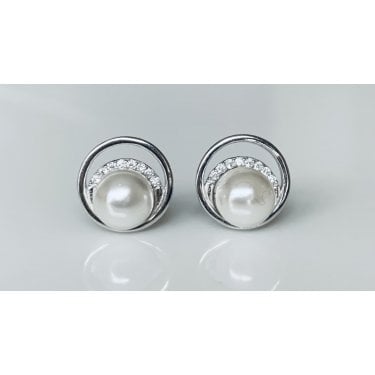Sterling Silver Pearl with CZ Semi-Circle and Plain Full Surround Stud Earrings 10x9mm