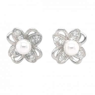 Sterling Silver Pearl with Pave & Plain Entwined Petals 7x7mm Stud Earrings