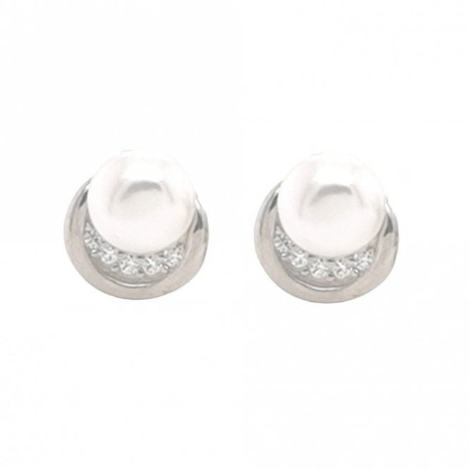Faith Sterling Silver Sterling Silver Pearl with Top CZ Halo & Rubover Edge 8x8mm Stud Earrings