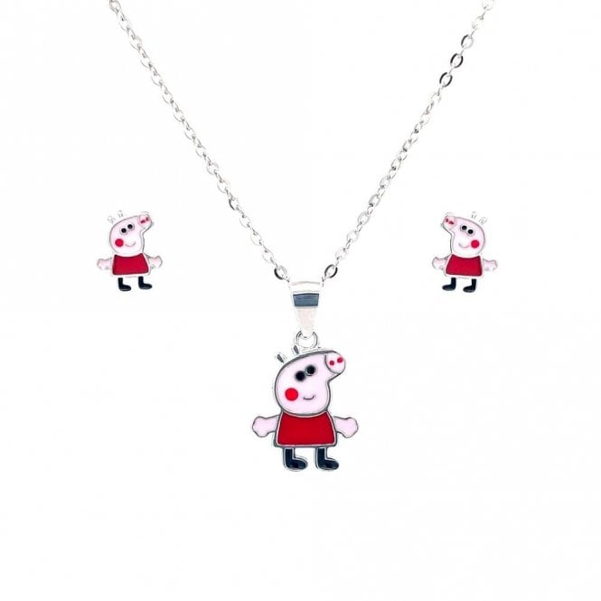 Faith Sterling Silver Sterling Silver Peppa Pig Enamel Necklace & Earrings Set 8x6mm, 12x10mm, 16-18