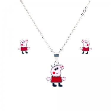 Sterling Silver Peppa Pig Enamel Necklace & Earrings Set 8x6mm, 12x10mm, 16-18"