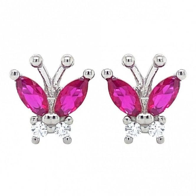 Faith Sterling Silver Sterling Silver Pink & White CZ Butterfly Kids Stud Earrings 9x9mm