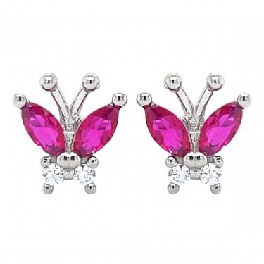 Sterling Silver Pink & White CZ Butterfly Kids Stud Earrings 9x9mm