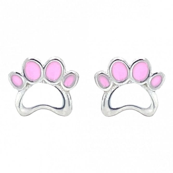 Faith Sterling Silver Sterling Silver Pink & White Enamel Paw Kids Stud Earrings 6x7mm