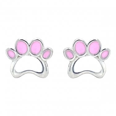 Sterling Silver Pink & White Enamel Paw Kids Stud Earrings 6x7mm