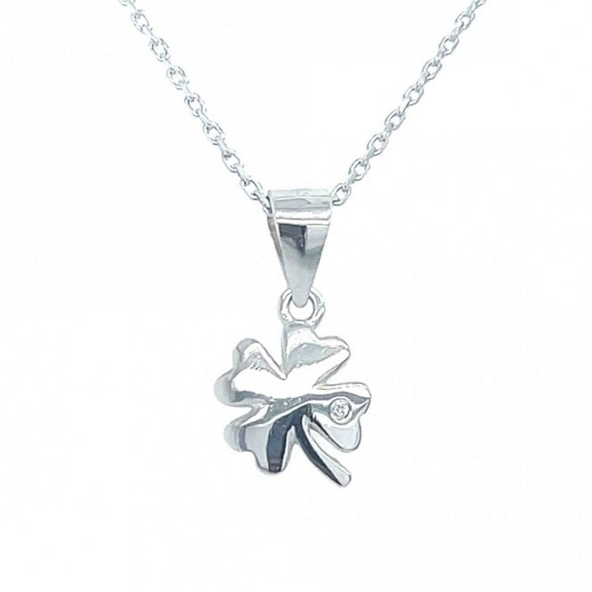Faith Sterling Silver Sterling Silver Plain 4 Leaf Clover with Single CZ Necklace 8mm, 16-18