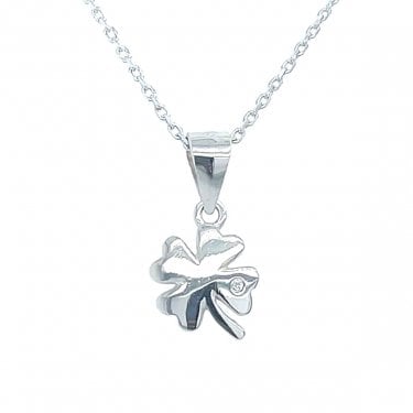 Sterling Silver Plain 4 Leaf Clover with Single CZ Necklace 8mm, 16-18"