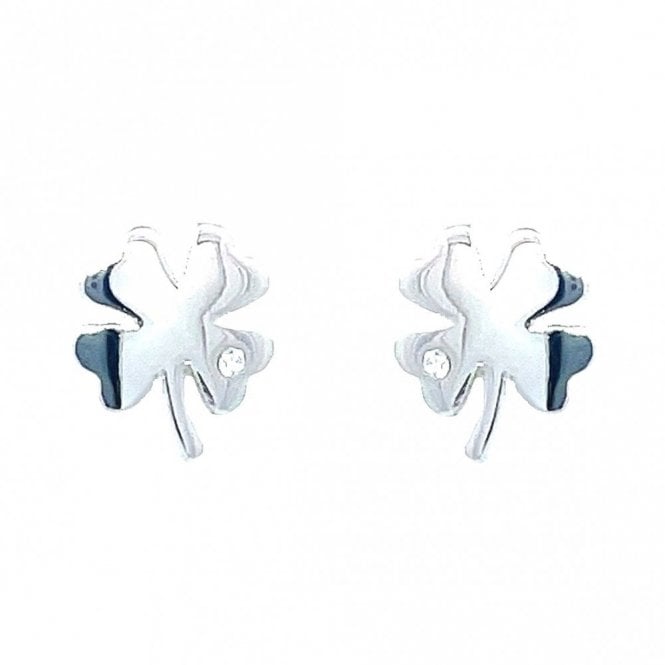 Faith Sterling Silver Sterling Silver Plain 4 Leaf Clover with Single CZ Stud Earrings 7x7mm