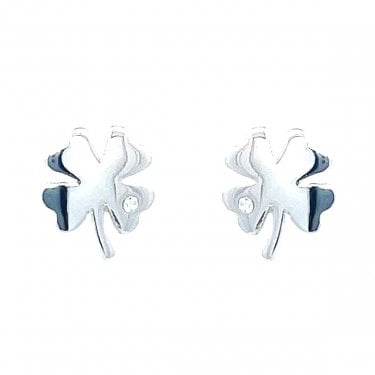 Sterling Silver Plain 4 Leaf Clover with Single CZ Stud Earrings 7x7mm